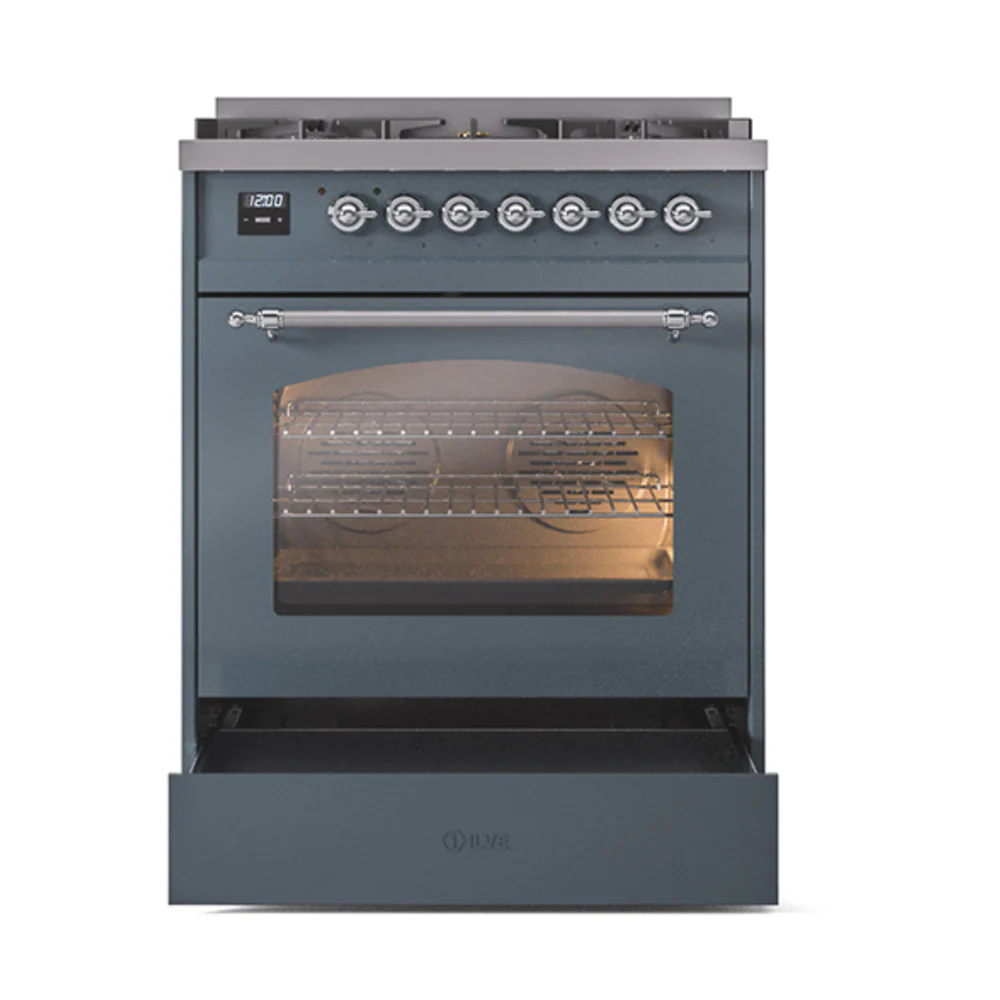 ILVE Nostalgie II 30-Inch Dual Fuel Freestanding Range in Blue Grey with Chrome Trim (UP30NMPBGCLP) - Image 6
