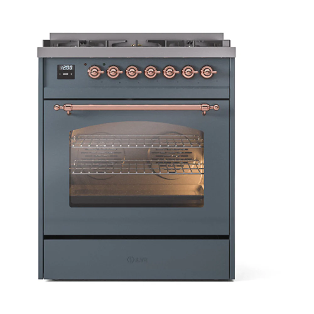 ILVE Nostalgie II 30-Inch Dual Fuel Freestanding Range in Blue Grey with Copper Trim (UP30NMPBGPLP) - Image 2