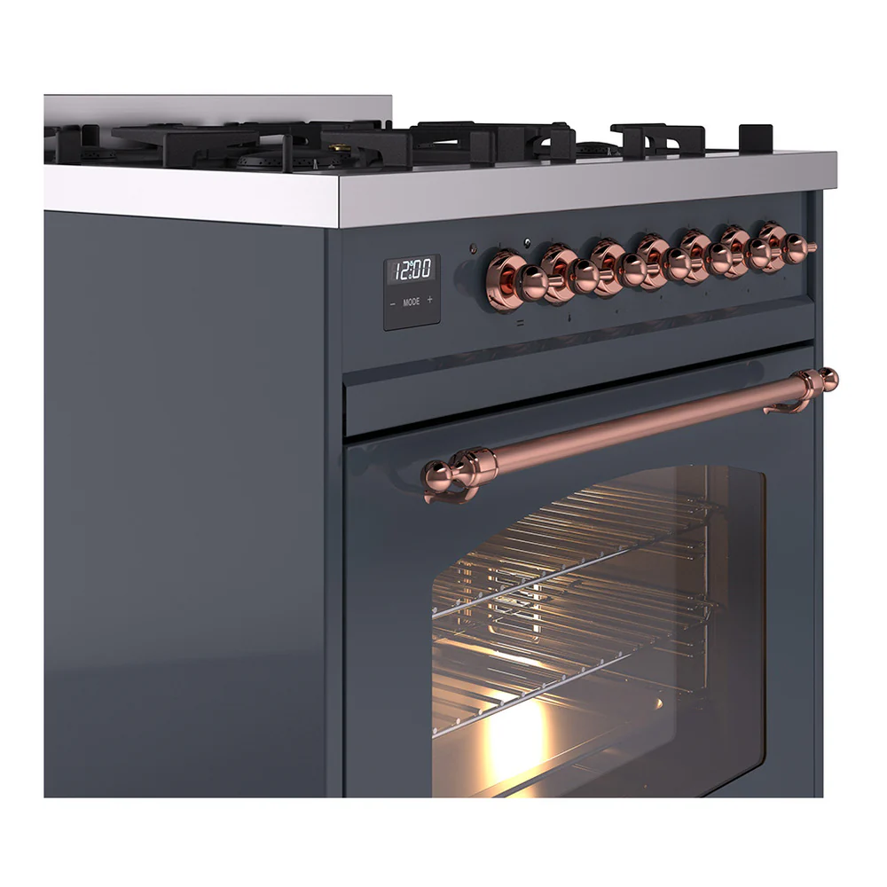 ILVE Nostalgie II 30-Inch Dual Fuel Freestanding Range in Blue Grey with Copper Trim (UP30NMPBGPLP) - Image 3