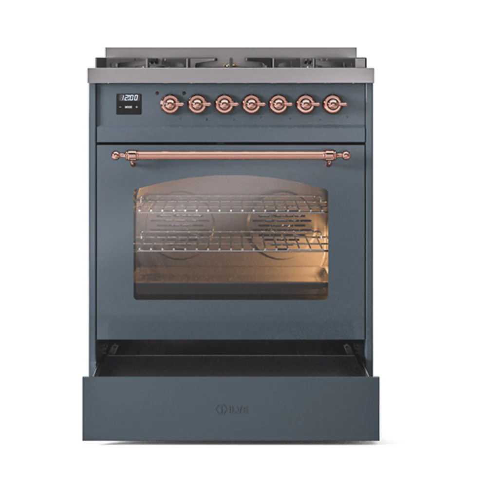 ILVE Nostalgie II 30-Inch Dual Fuel Freestanding Range in Blue Grey with Copper Trim (UP30NMPBGPLP) - Image 6
