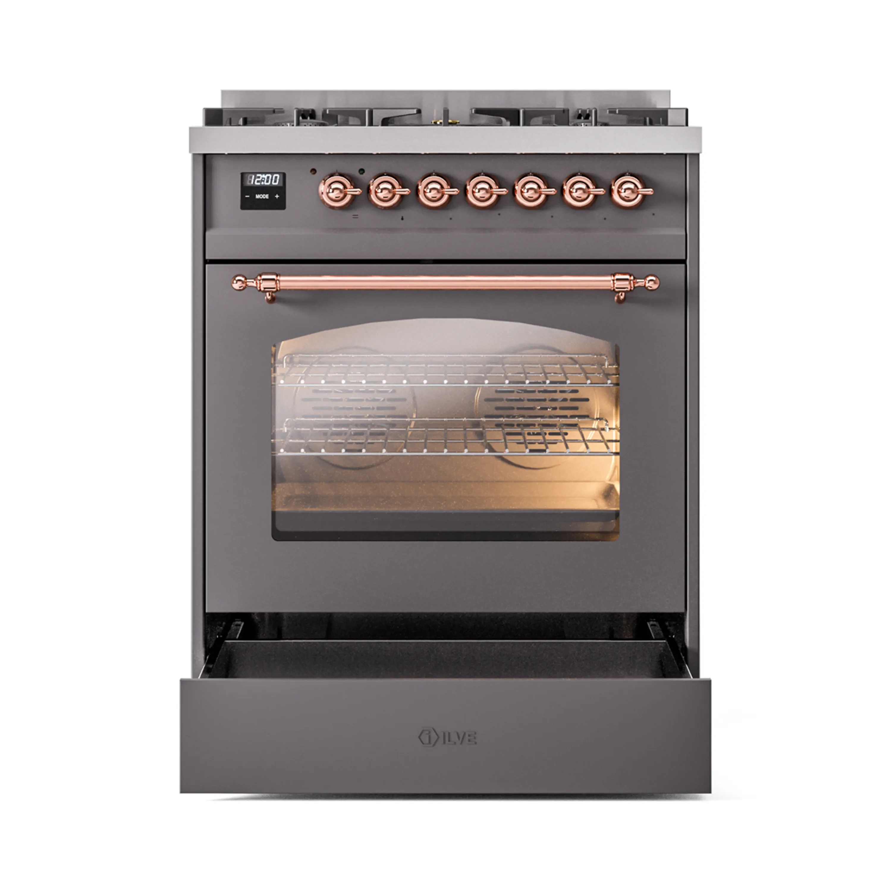 ILVE Nostalgie II 30-Inch Dual Fuel Freestanding Range in Matte Graphite with Copper Trim (UP30NMPMGPLP) - Image 4