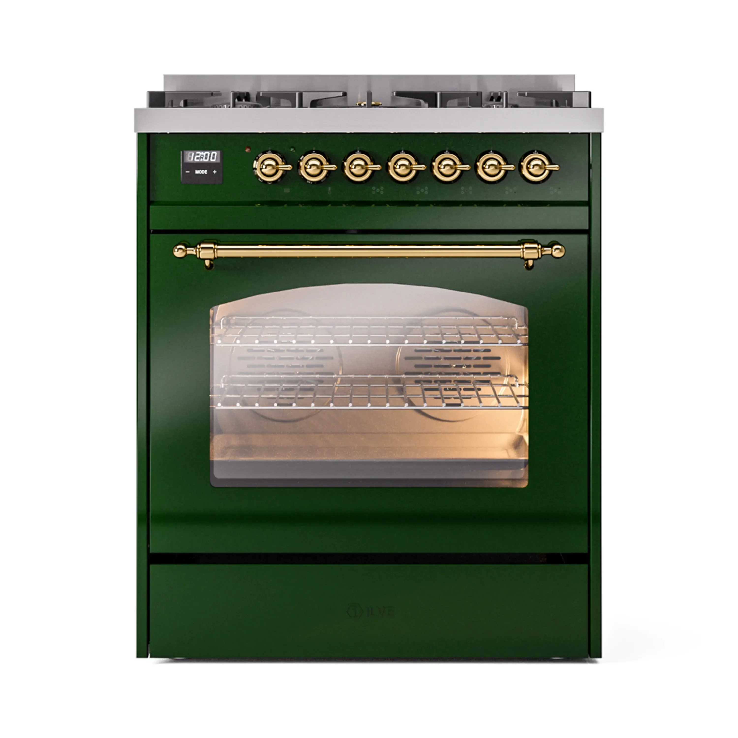 ILVE Nostalgie II 30-Inch Freestanding Natural Gas Dual Fuel Range in Emerald Green with Brass Trim (UP30NMPEGG) - Image 2