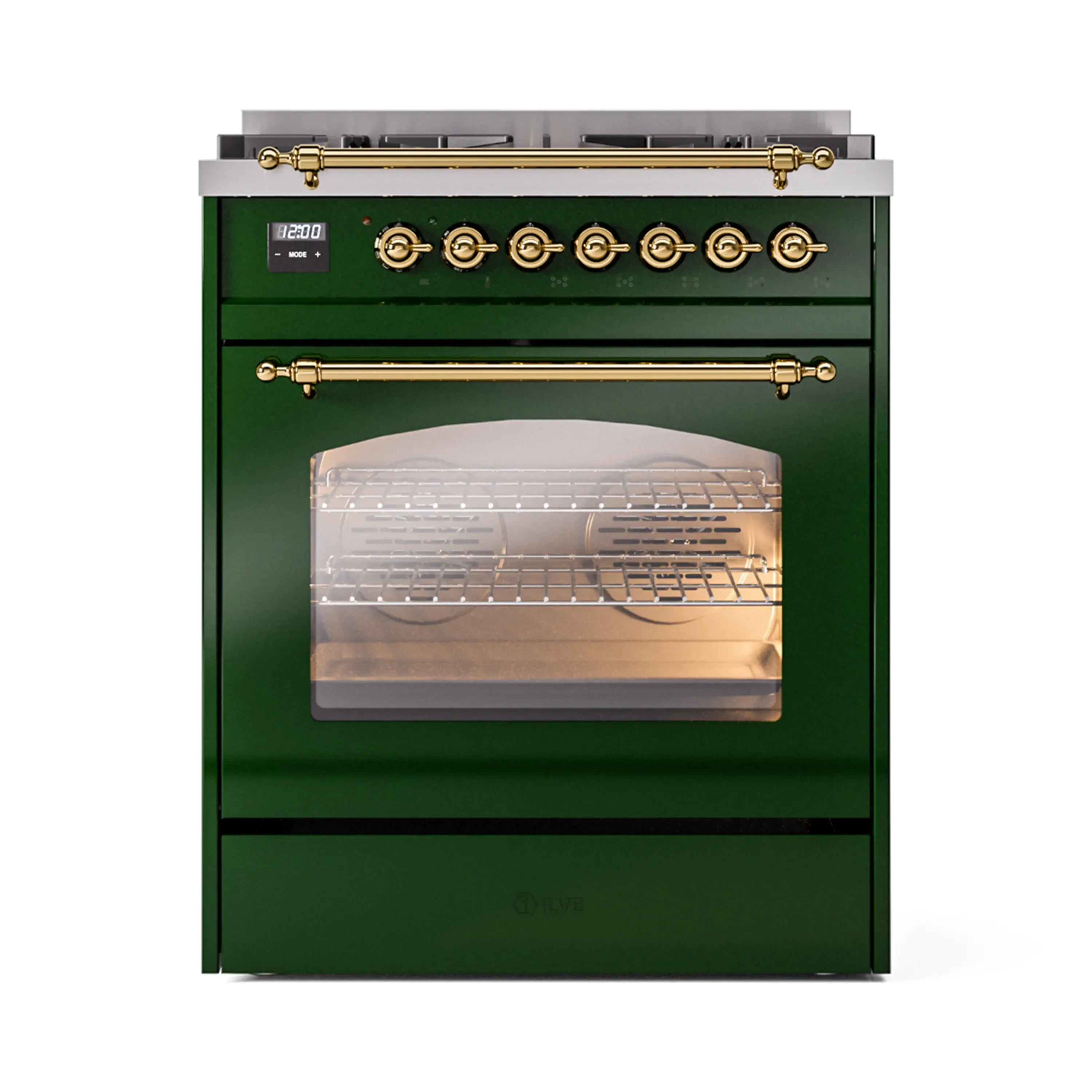 ILVE Nostalgie II 30-Inch Freestanding Natural Gas Dual Fuel Range in Emerald Green with Brass Trim (UP30NMPEGG) - Image 3