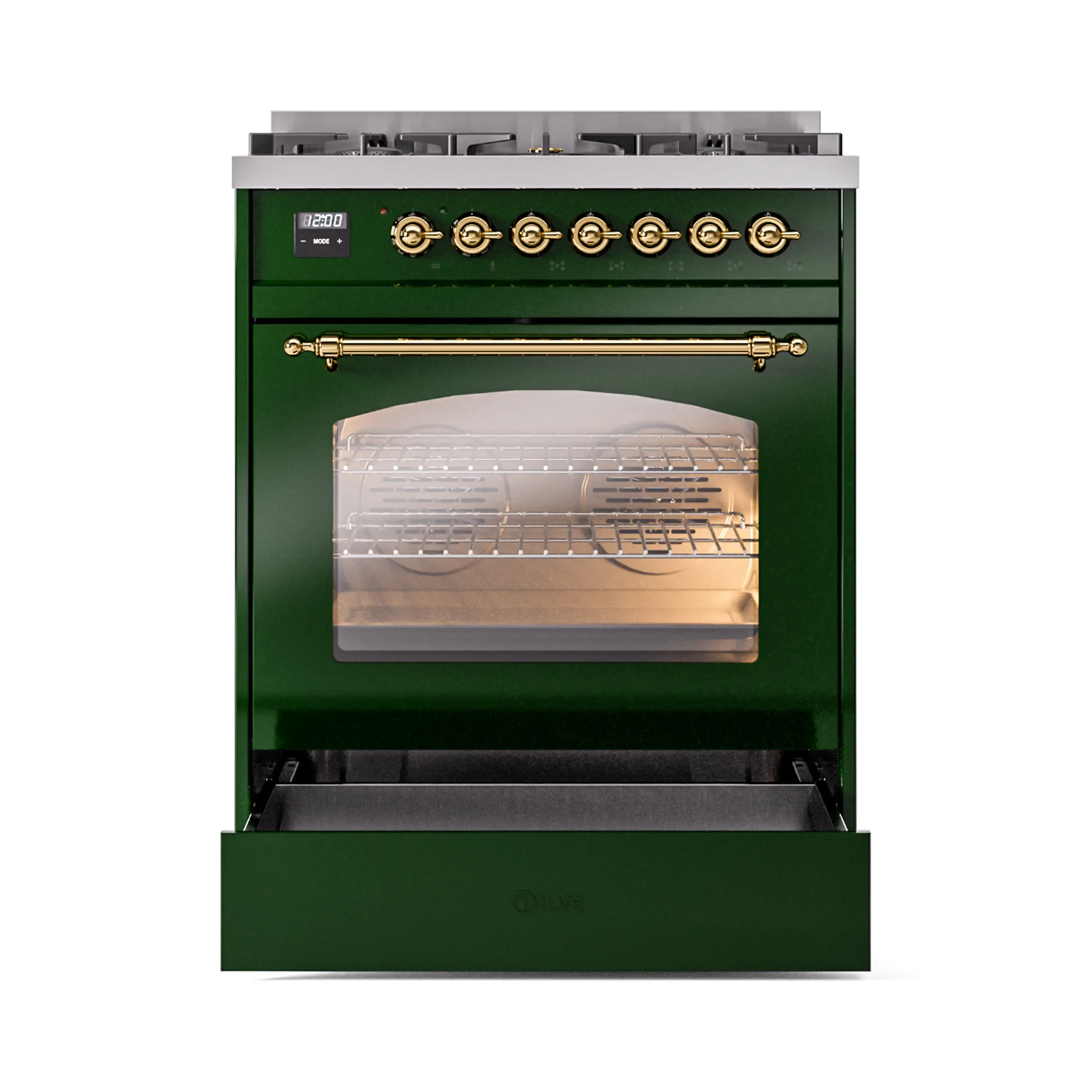 ILVE Nostalgie II 30-Inch Freestanding Natural Gas Dual Fuel Range in Emerald Green with Brass Trim (UP30NMPEGG) - Image 4