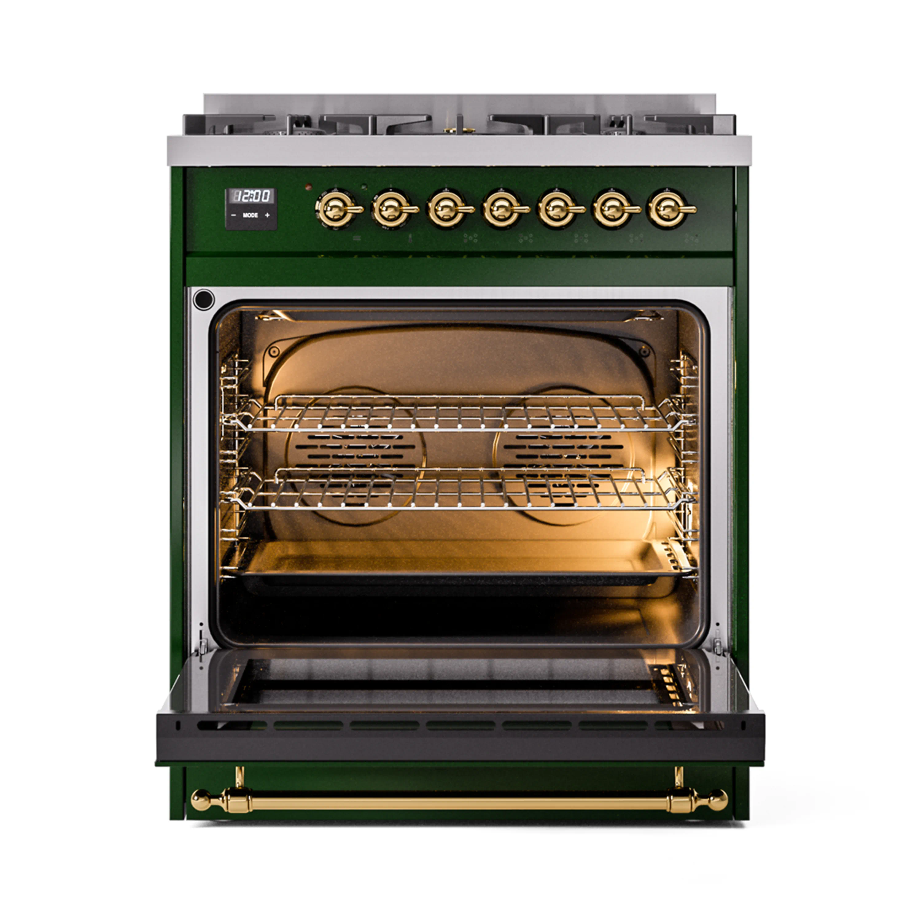ILVE Nostalgie II 30-Inch Freestanding Natural Gas Dual Fuel Range in Emerald Green with Brass Trim (UP30NMPEGG) - Image 5