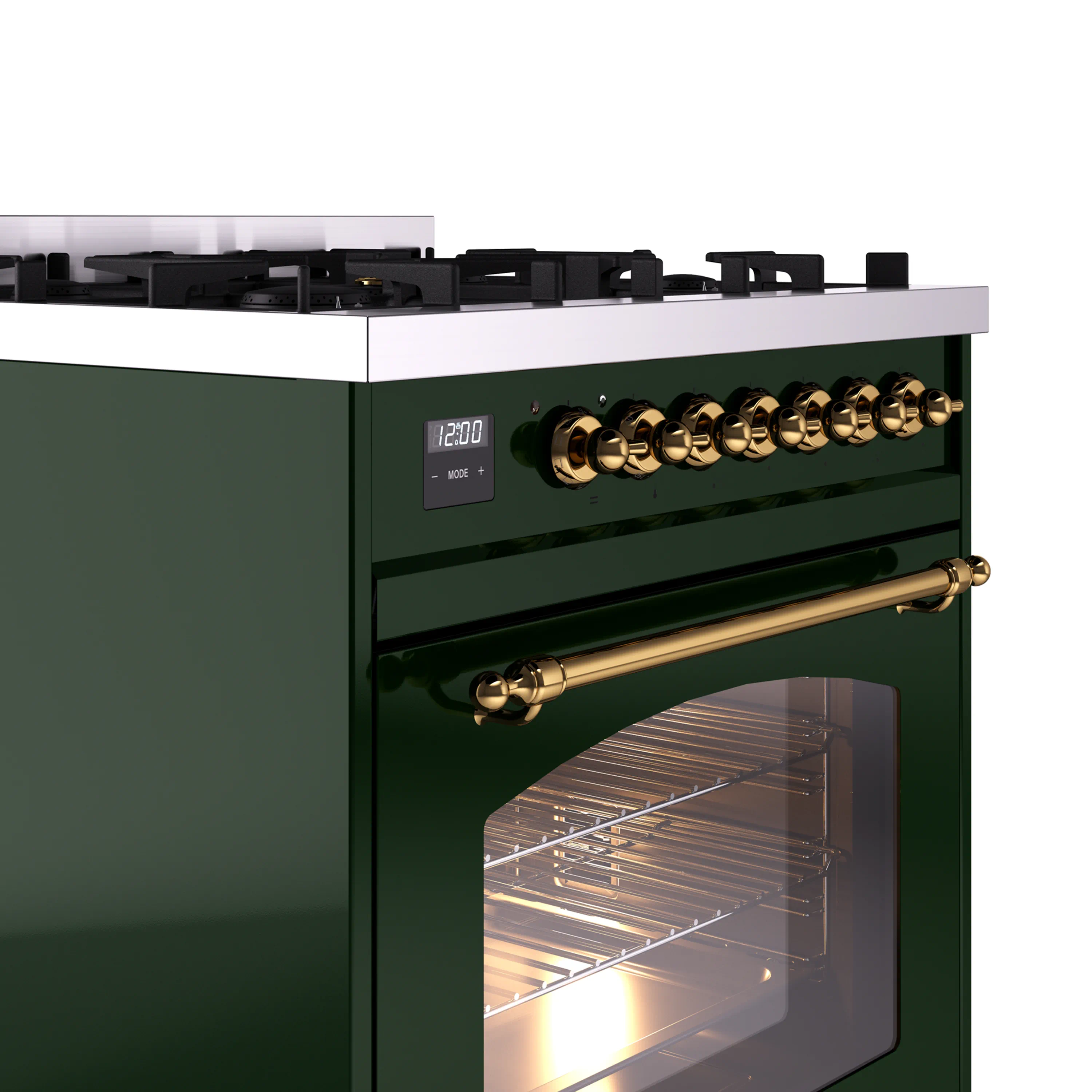 ILVE Nostalgie II 30-Inch Freestanding Natural Gas Dual Fuel Range in Emerald Green with Brass Trim (UP30NMPEGG) - Image 8
