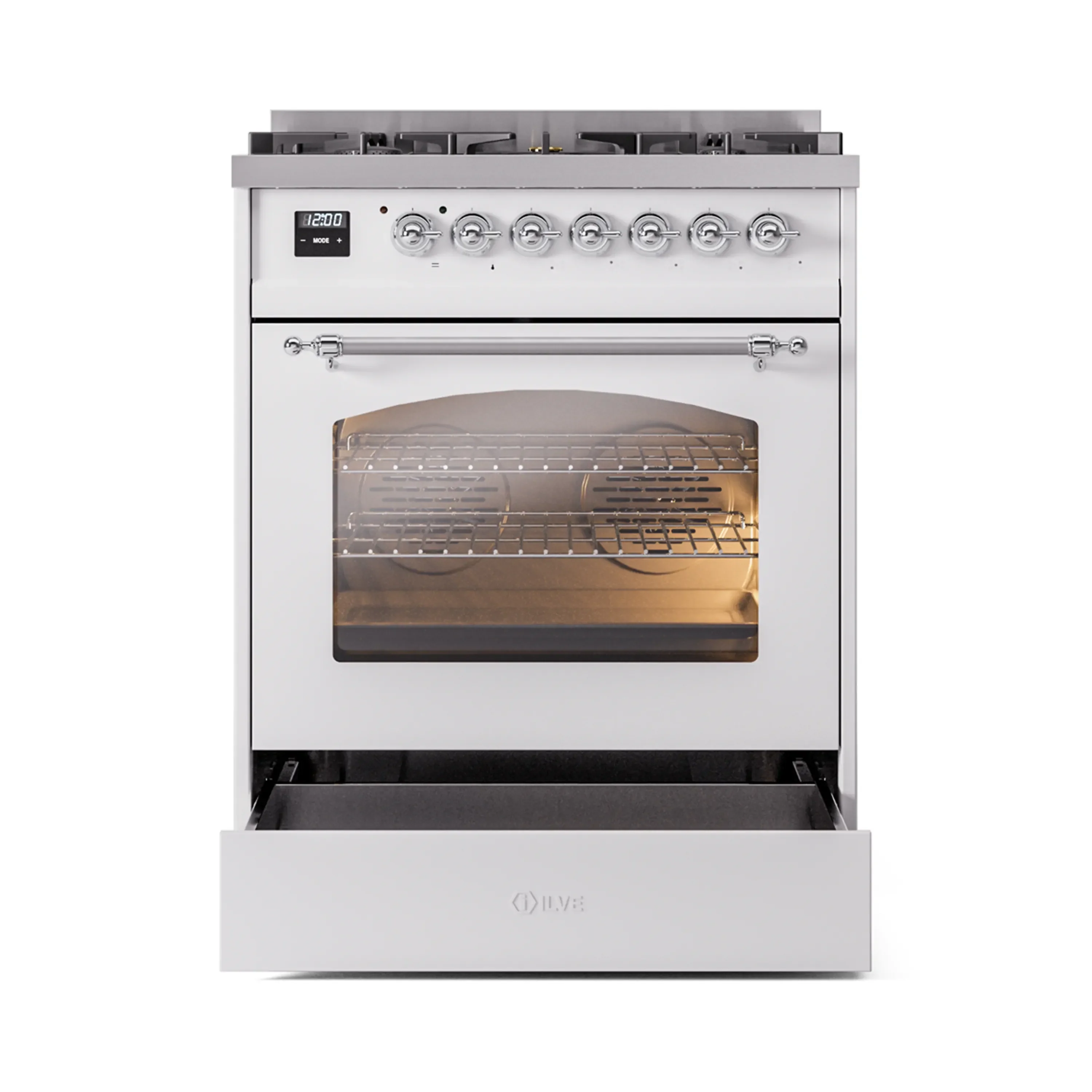 ILVE Nostalgie II 30-Inch Freestanding Natural Gas Dual Fuel Range in White with Chrome Trim (UP30NMPWHC) - Image 4