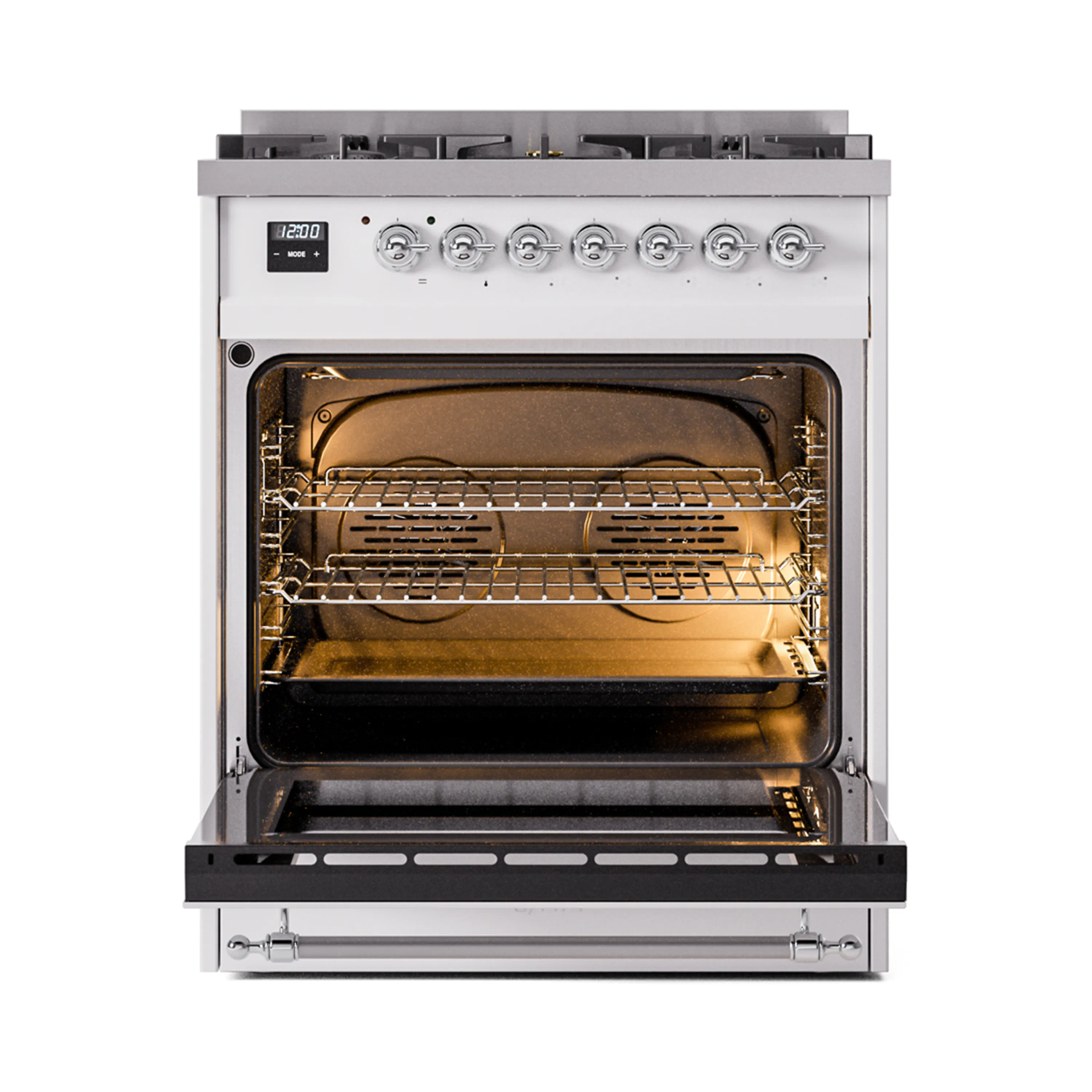 ILVE Nostalgie II 30-Inch Freestanding Natural Gas Dual Fuel Range in White with Chrome Trim (UP30NMPWHC) - Image 5