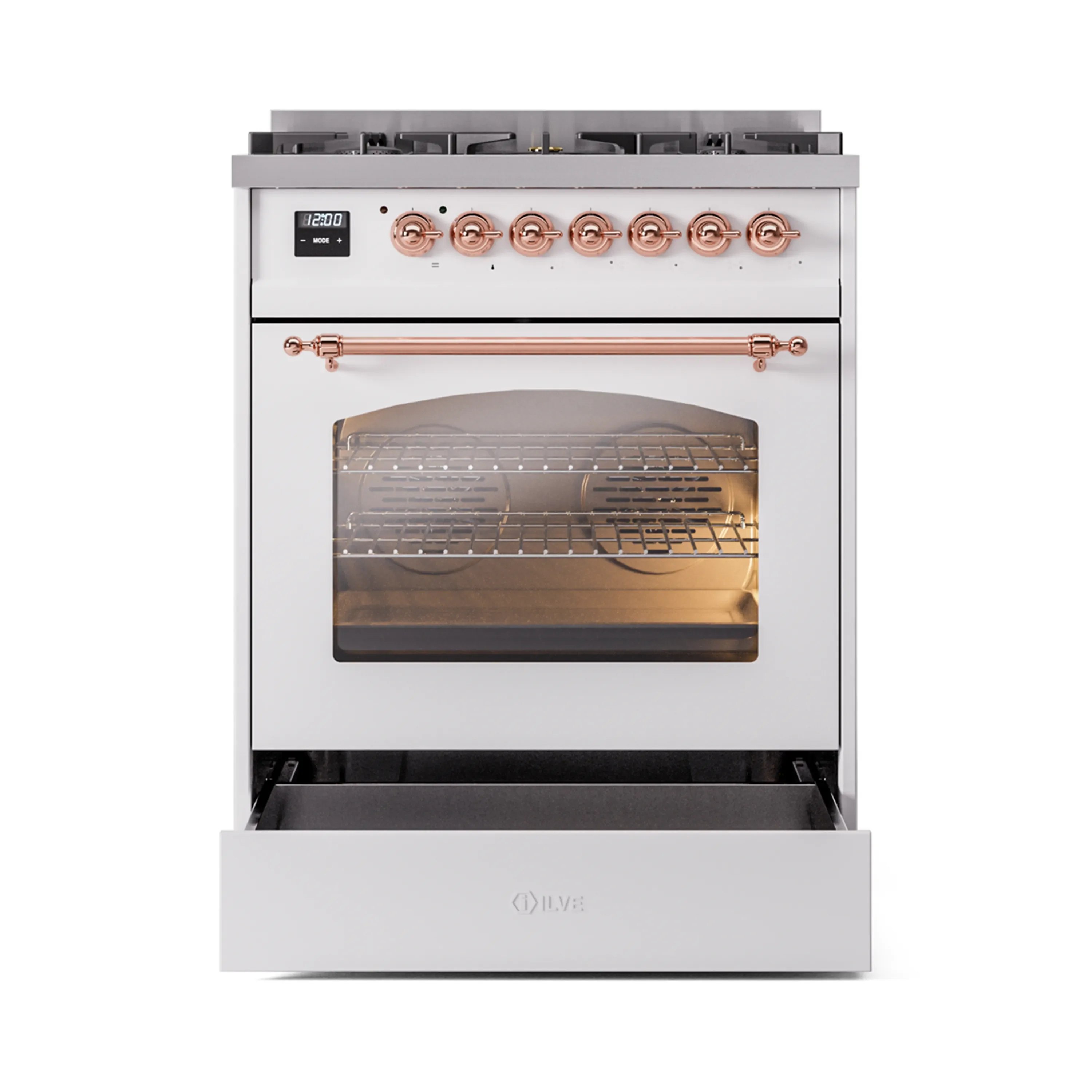 ILVE Nostalgie II 30-Inch Freestanding Natural Gas Dual Fuel Range in White with Copper Trim (UP30NMPWHP) - Image 4