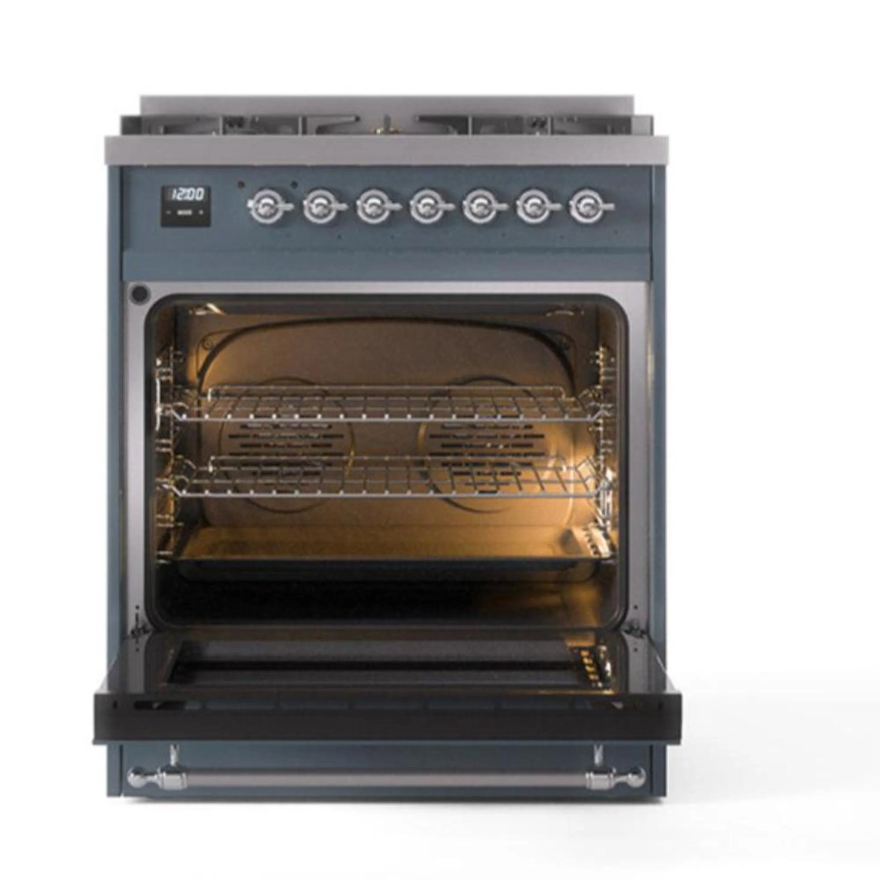 ILVE Nostalgie II 30-Inch Natural Gas Dual Fuel Range with Solid Door in Blue Grey with Bronze Trim (UP30QNMPBGB) - Image 2