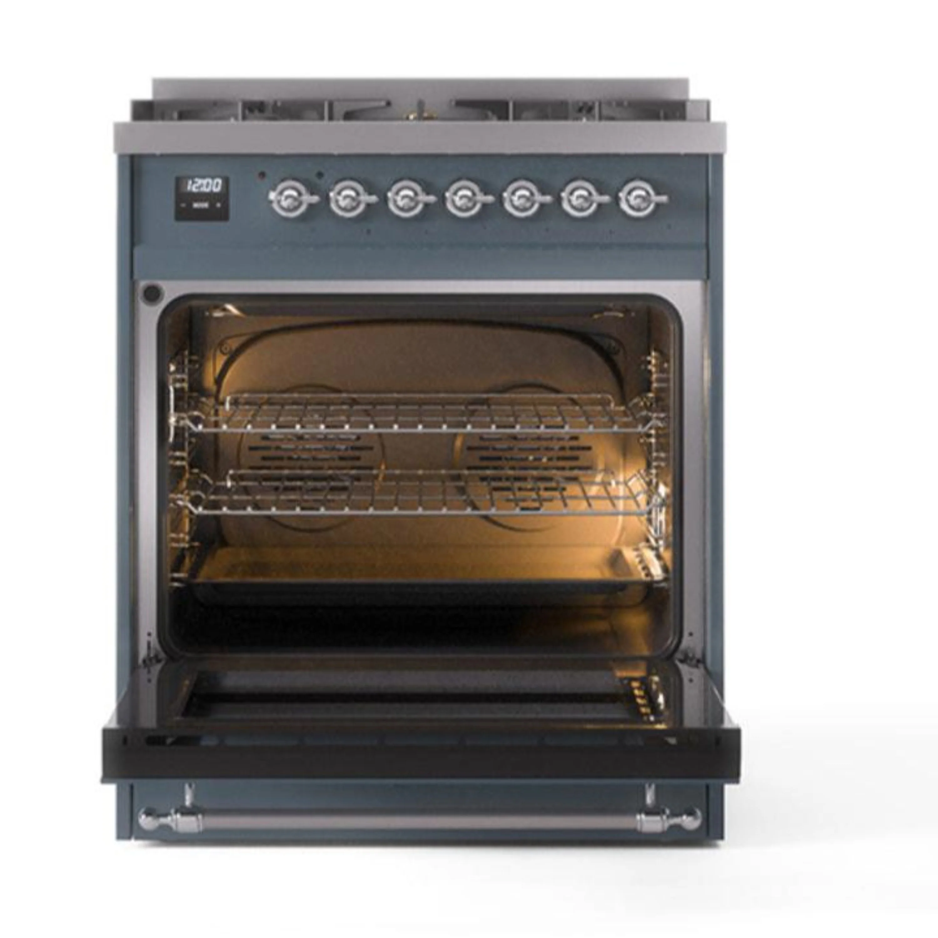 ILVE Nostalgie II 30-Inch Natural Gas Dual Fuel Range with Solid Door in Blue Grey with Chrome Trim (UP30QNMPBGC) - Image 2