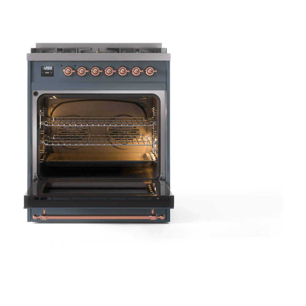 ILVE Nostalgie II 30-Inch Natural Gas Dual Fuel Range with Solid Door in Blue Grey with Copper Trim (UP30QNMPBGP) - Image 2