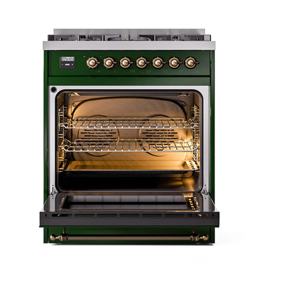 ILVE Nostalgie II 30-Inch Natural Gas Dual Fuel Range with Solid Door in Emerald Green with Bronze Trim (UP30QNMPEGB) - Image 2