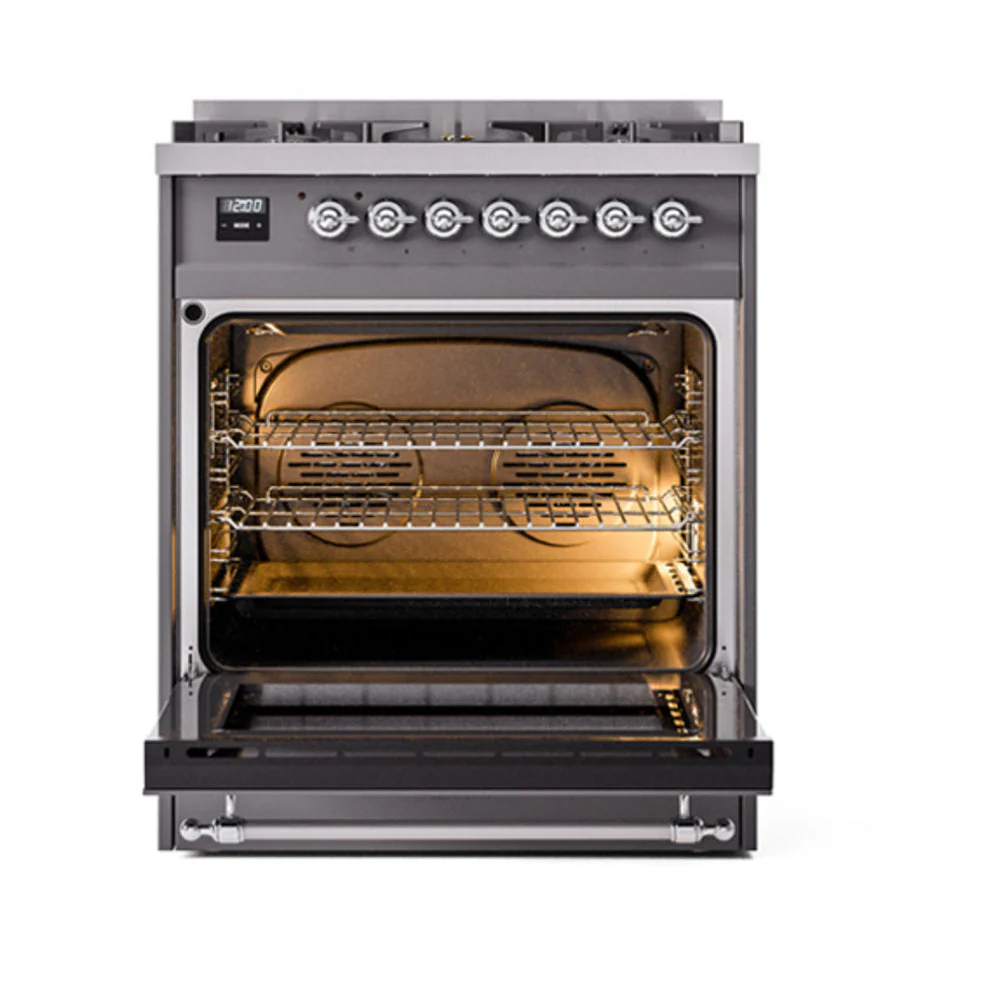 ILVE Nostalgie II 30-Inch Natural Gas Dual Fuel Range with Solid Door in Matte Graphite with Chrome Trim (UP30QNMPMGC) - Image 2