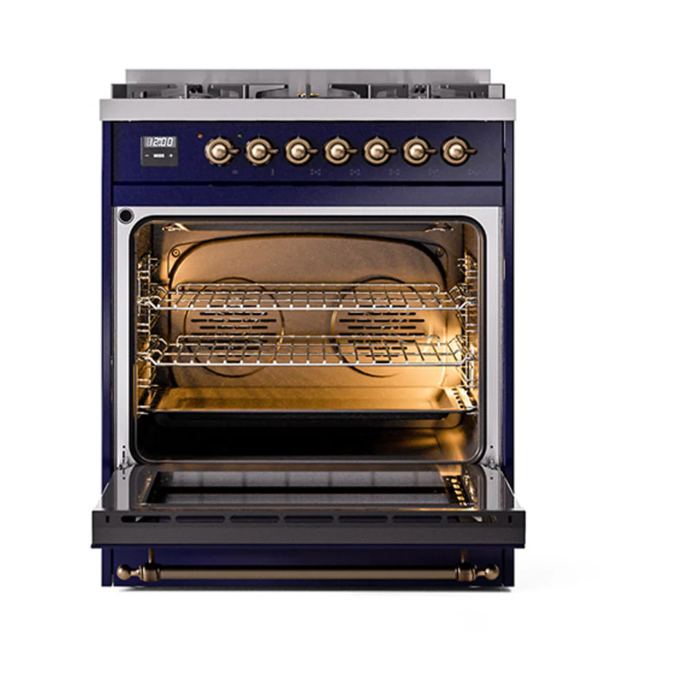 ILVE Nostalgie II 30-Inch Natural Gas Dual Fuel Range with Solid Door in Midnight Blue with Bronze Trim (UP30QNMPMBB) - Image 2