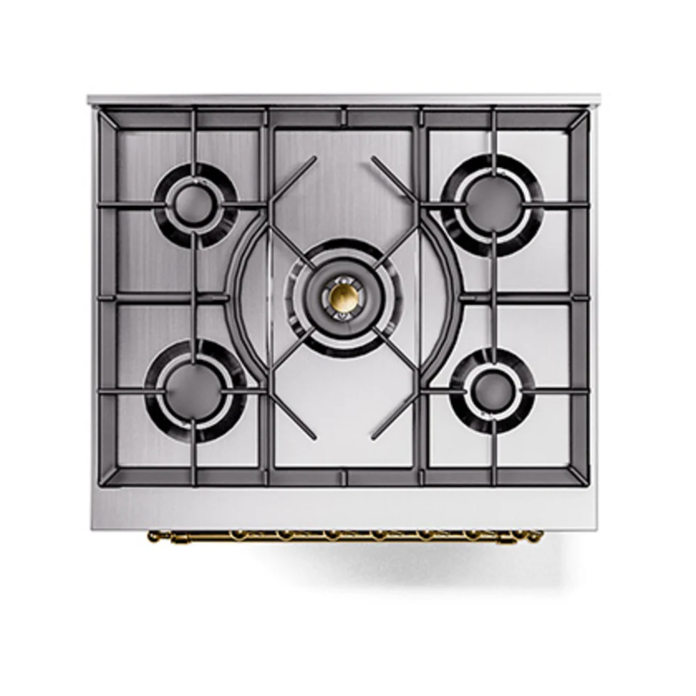 ILVE Nostalgie II 30-Inch Natural Gas Dual Fuel Range with Solid Door in Stainless Steel with Brass Trim (UP30QNMPSSG) - Image 5