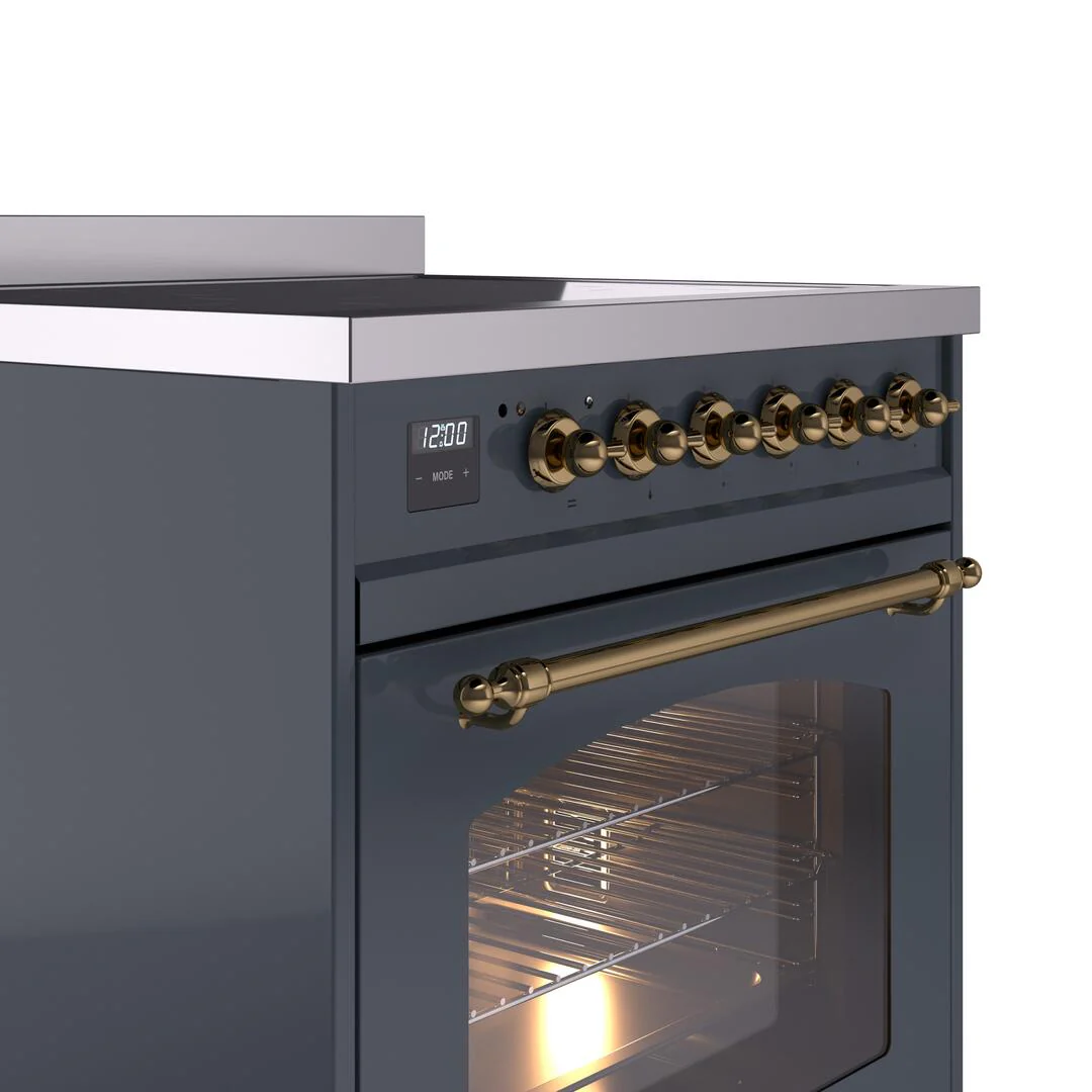 ILVE Nostalgie II 30-Inch Freestanding Electric Induction Range in Blue Grey with Brass Trim (UPI304NMPBGG) - Image 3