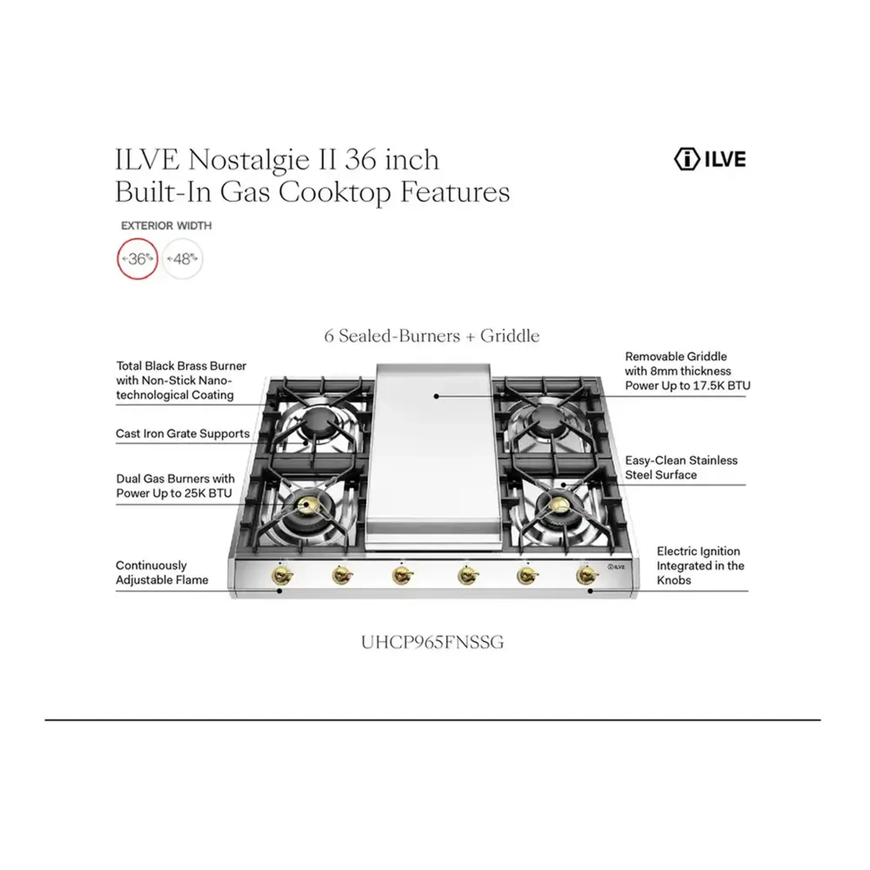 ILVE Nostalgie II 36 inch Built-In Propane Gas Cooktop with Griddle, in Stainless Steel (UHCP965FNSSBLP) - Image 9