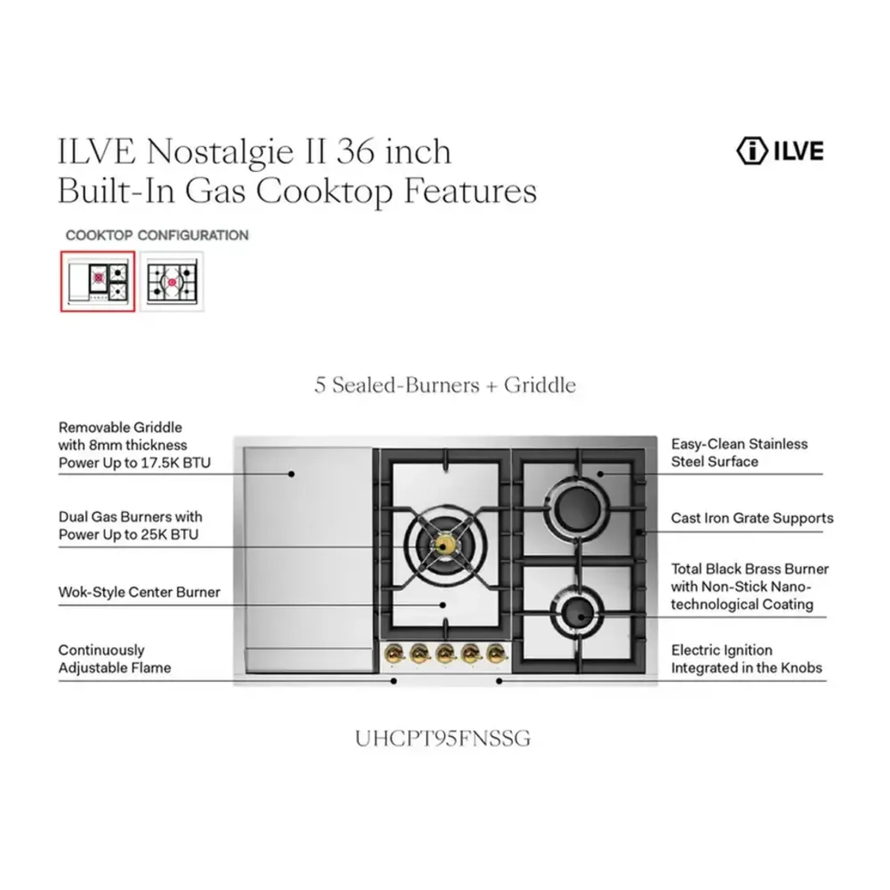 ILVE Nostalgie II 36 inch Built-In Propane Gas Cooktop with Total Black Brass Burners, in Stainless Steel (UHCPT95FNSSCLP) - Image 8