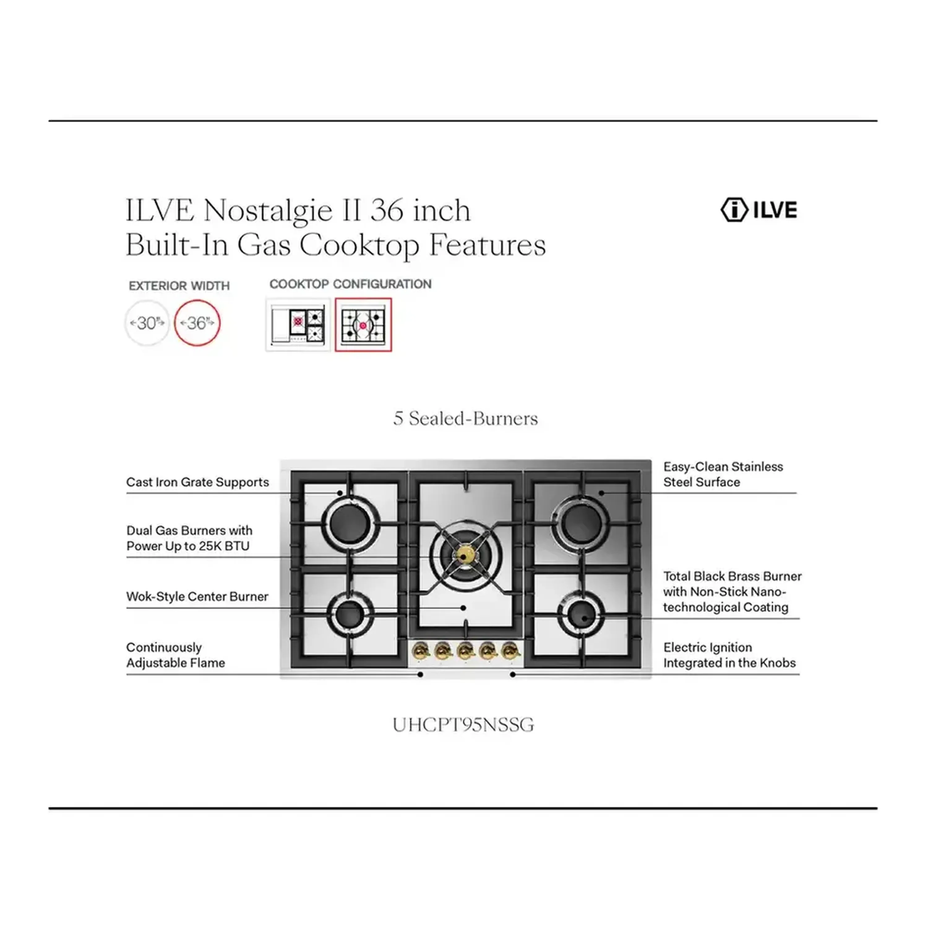 ILVE Nostalgie II 36 inch Built-In Propane Gas Cooktop with Total Black Brass Burners, in Stainless Steel (UHCPT95NSSCLP) - Image 8