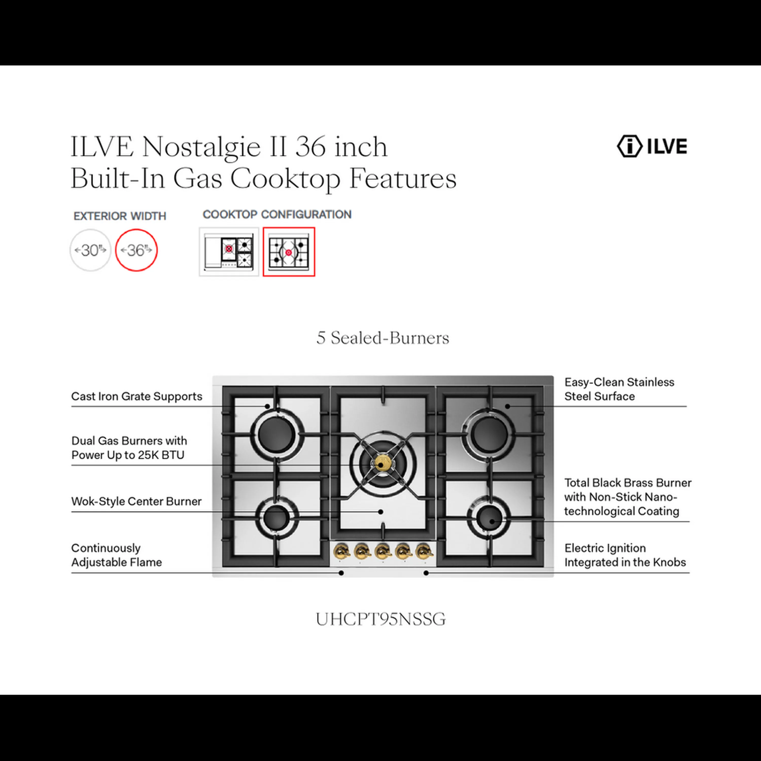 ILVE Nostalgie II 36-Inch Built-In Propane Gas Cooktop with Total Black Brass Burners in Stainless Steel (UHCPT95NSSGLP) - Image 8