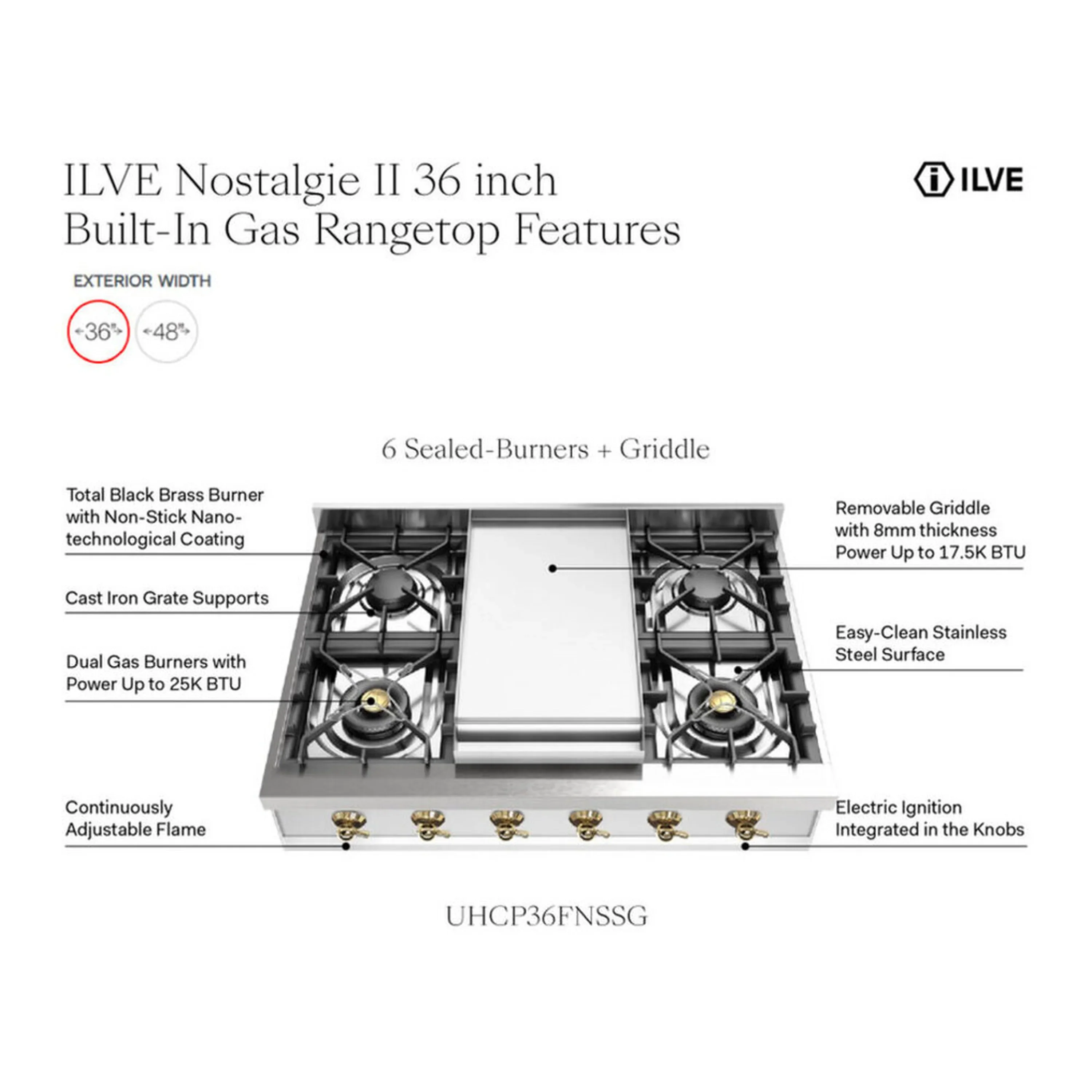 ILVE Nostalgie II 36 inch Built-In Propane Gas Rangetop with 6 Burners and Griddle, in Stainless Steel (UHCP36FNSSCLP) - Image 9