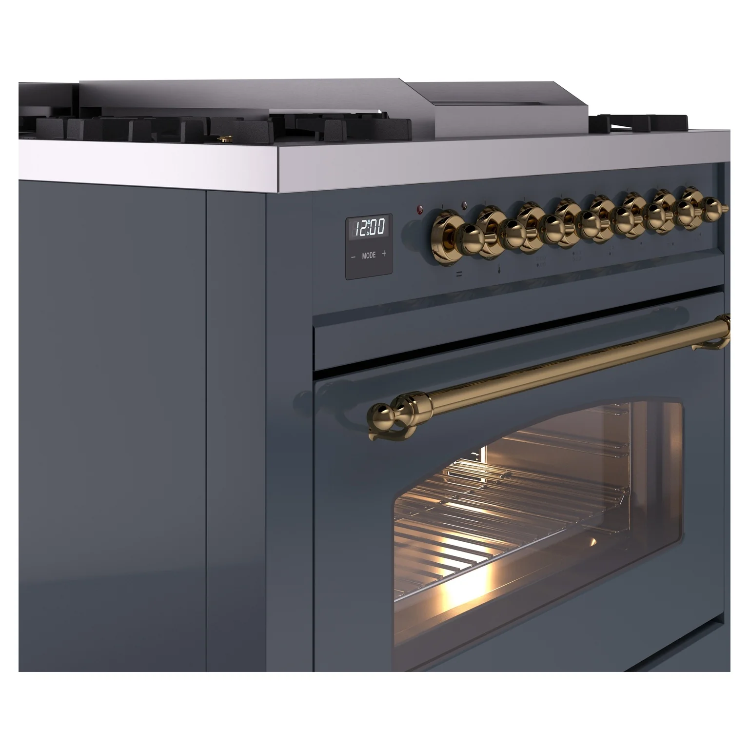 ILVE Nostalgie II 36-Inch Dual Fuel Freestanding Range in Blue Grey with Brass Trim (UP36FNMPBGGLP) - Image 3