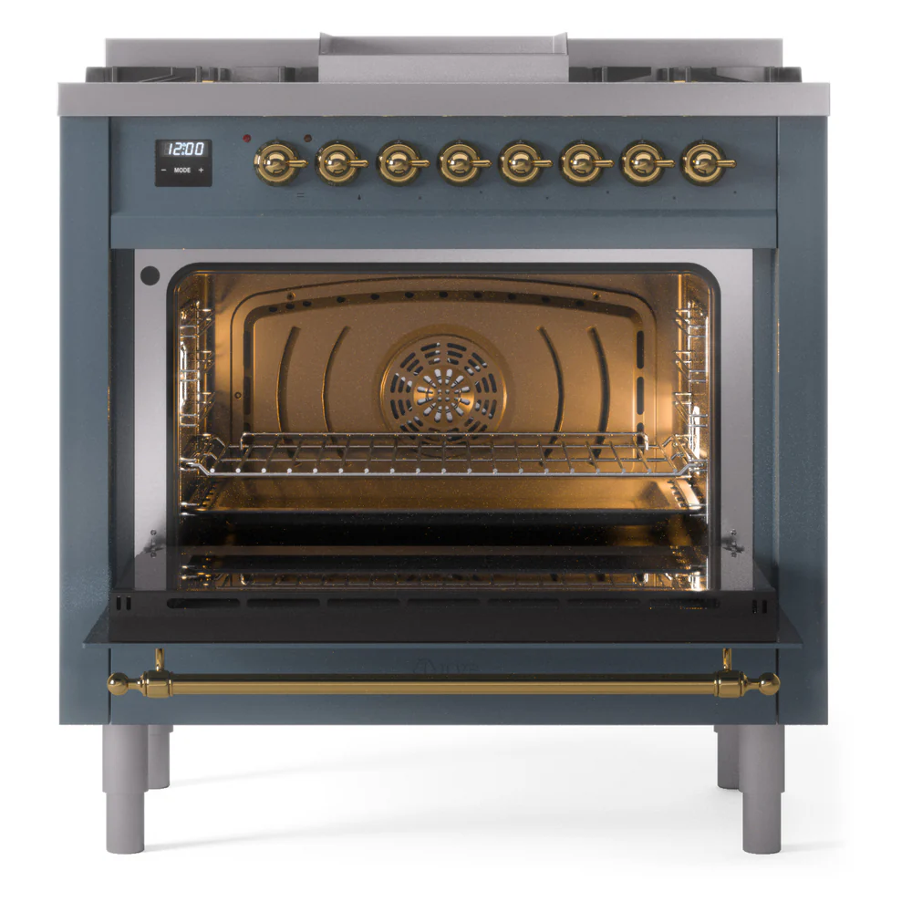 ILVE Nostalgie II 36-Inch Dual Fuel Freestanding Range in Blue Grey with Brass Trim (UP36FNMPBGGLP) - Image 4