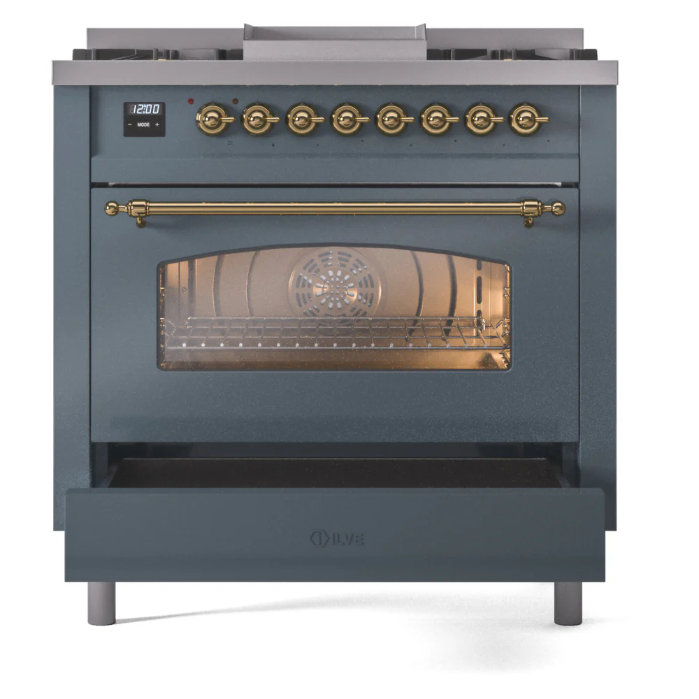 ILVE Nostalgie II 36-Inch Dual Fuel Freestanding Range in Blue Grey with Brass Trim (UP36FNMPBGGLP) - Image 6