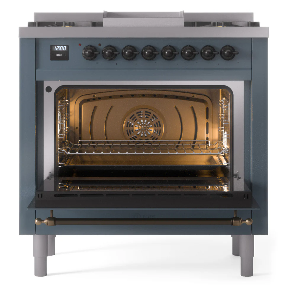ILVE Nostalgie II 36-Inch Dual Fuel Freestanding Range in Blue Grey with Bronze Trim (UP36FNMPBGBLP) - Image 5