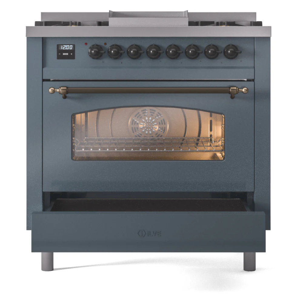 ILVE Nostalgie II 36-Inch Dual Fuel Freestanding Range in Blue Grey with Bronze Trim (UP36FNMPBGBLP) - Image 6