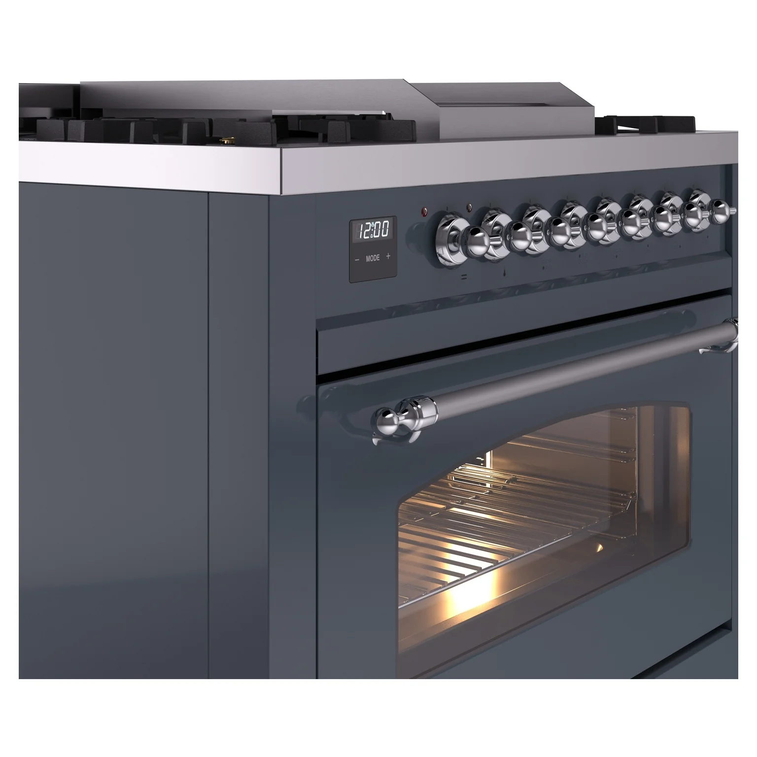 ILVE Nostalgie II 36-Inch Dual Fuel Freestanding Range in Blue Grey with Chrome Trim (UP36FNMPBGCLP) - Image 3