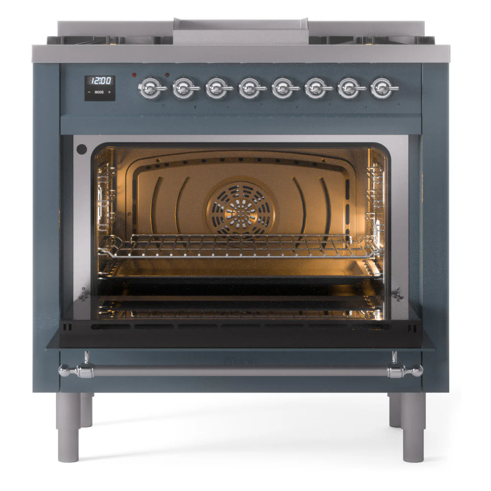 ILVE Nostalgie II 36-Inch Dual Fuel Freestanding Range in Blue Grey with Chrome Trim (UP36FNMPBGCLP) - Image 5