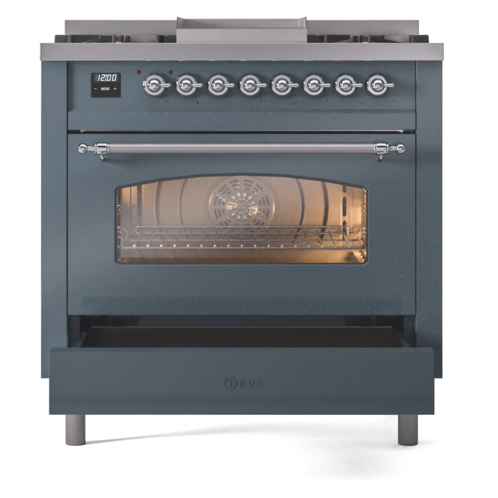 ILVE Nostalgie II 36-Inch Dual Fuel Freestanding Range in Blue Grey with Chrome Trim (UP36FNMPBGCLP) - Image 6