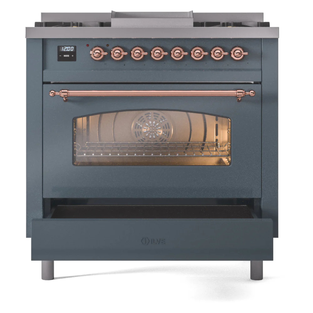 ILVE Nostalgie II 36-Inch Dual Fuel Freestanding Range in Blue Grey with Copper Trim (UP36FNMPBGPLP) - Image 5