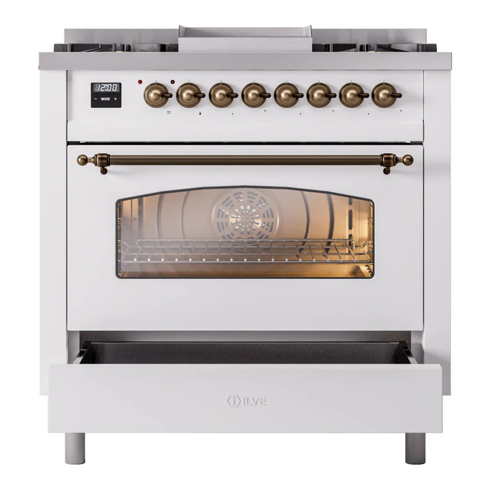 ILVE Nostalgie II 36-Inch Freestanding Natural Gas Dual Fuel Range in Custom RAL with Bronze Trim (UP36FNMPRAB) - Image 2