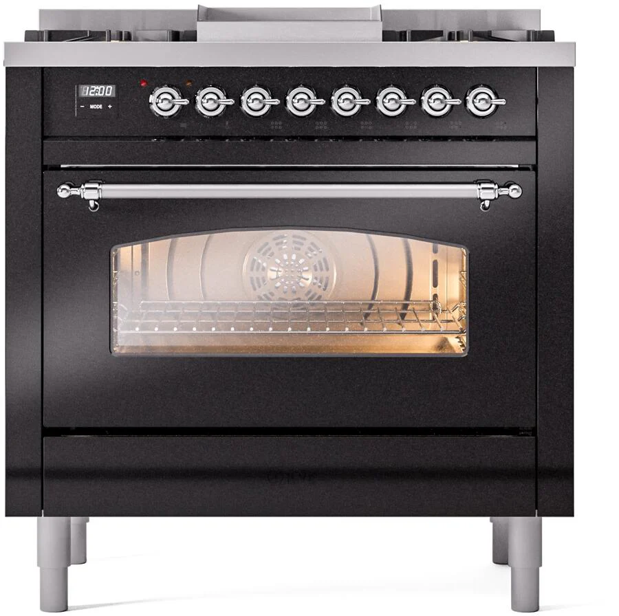 ILVE Nostalgie II 36-Inch Freestanding Natural Gas Dual Fuel Range in Glossy Black with Chrome Trim (UP36FNMPBKC) - Image 2