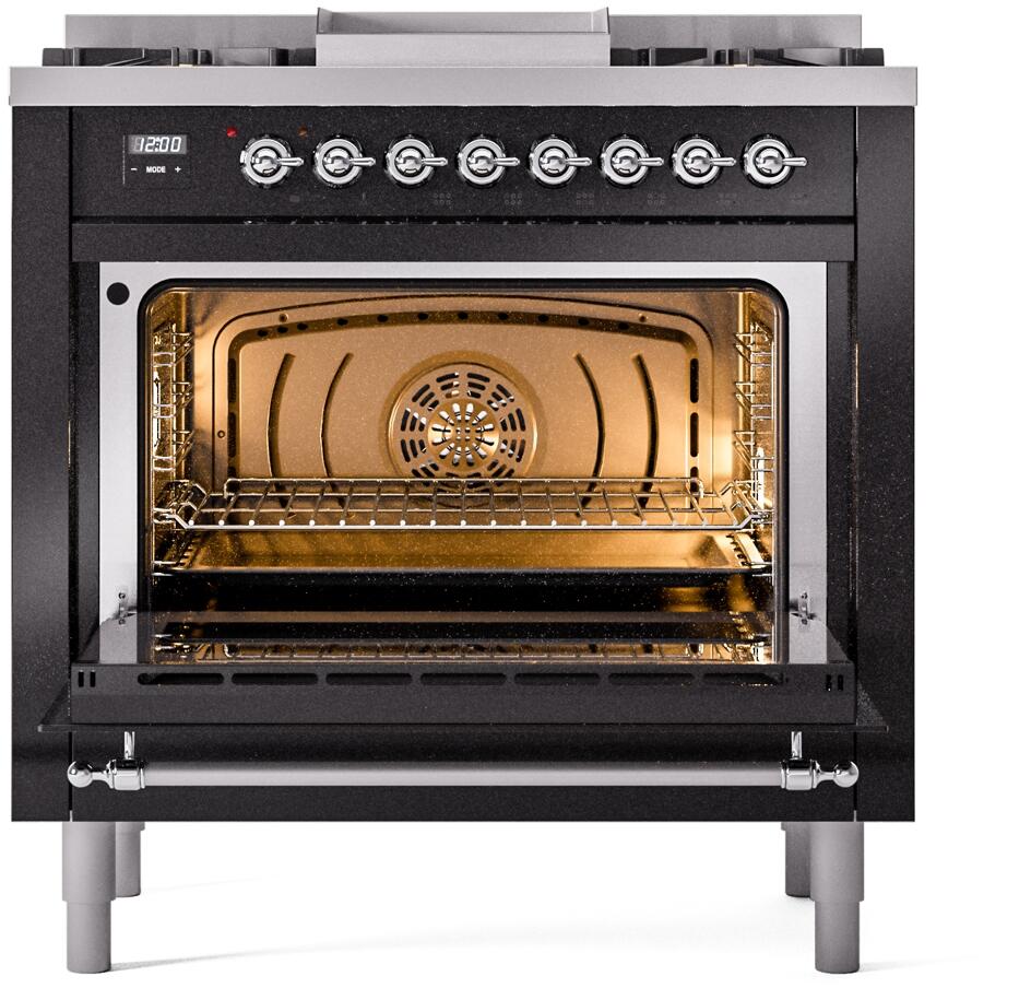 ILVE Nostalgie II 36-Inch Freestanding Natural Gas Dual Fuel Range in Glossy Black with Chrome Trim (UP36FNMPBKC) - Image 3
