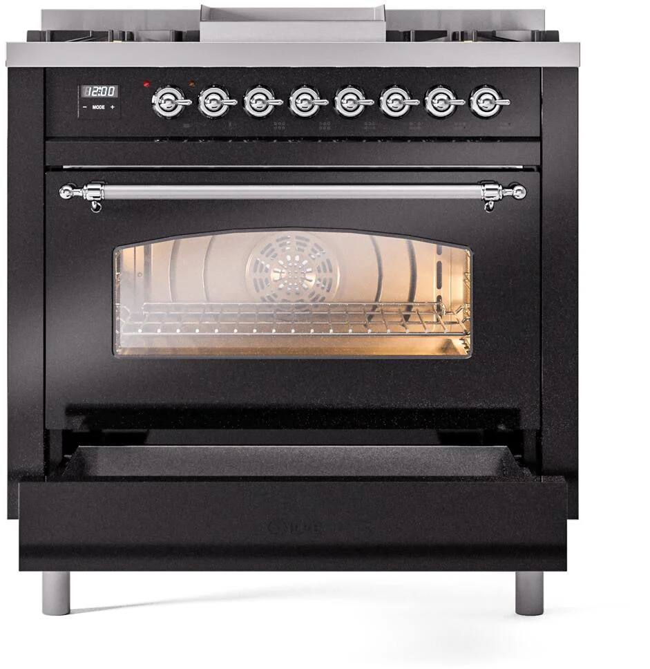 ILVE Nostalgie II 36-Inch Freestanding Natural Gas Dual Fuel Range in Glossy Black with Chrome Trim (UP36FNMPBKC) - Image 4