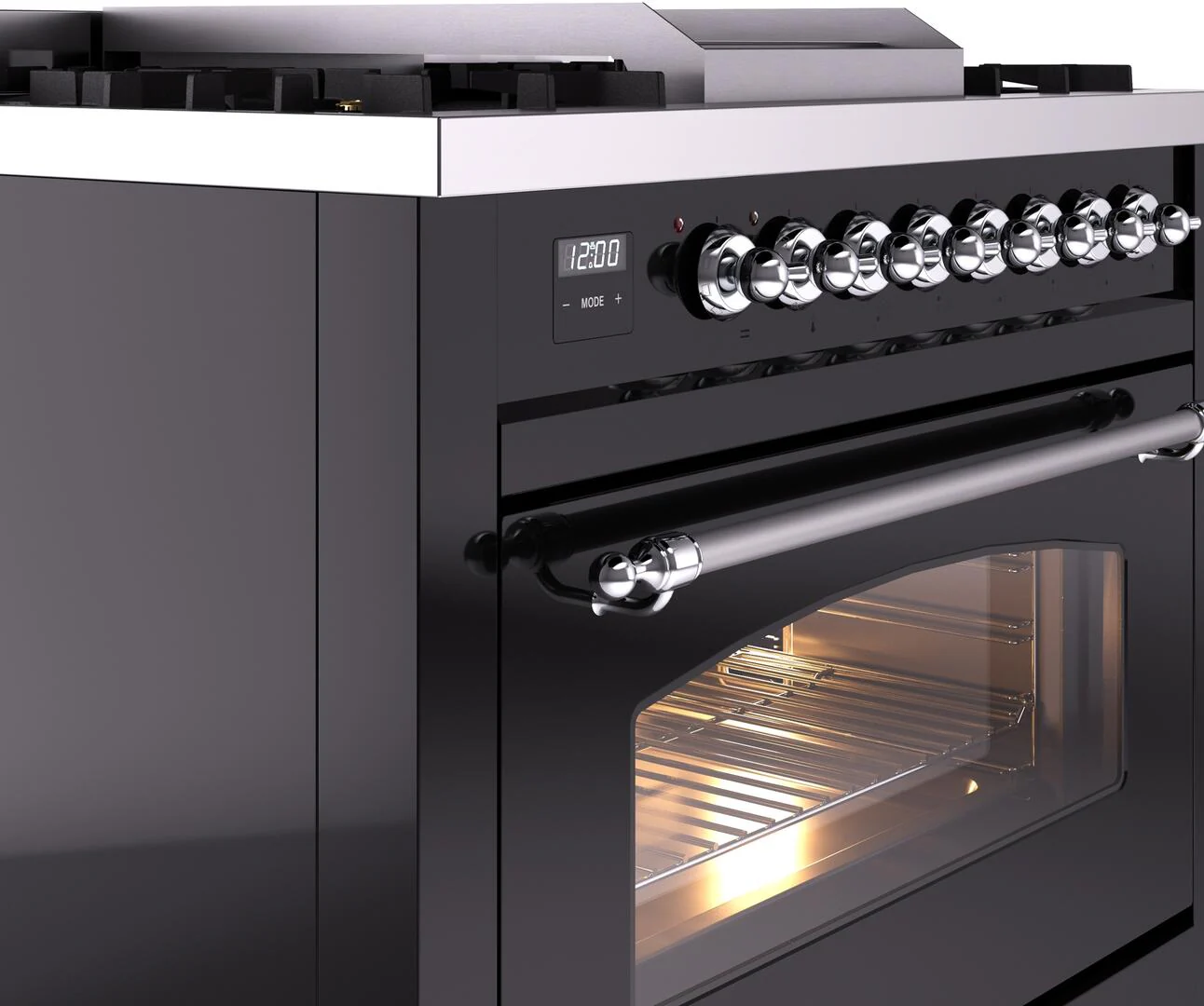 ILVE Nostalgie II 36-Inch Freestanding Natural Gas Dual Fuel Range in Glossy Black with Chrome Trim (UP36FNMPBKC) - Image 5