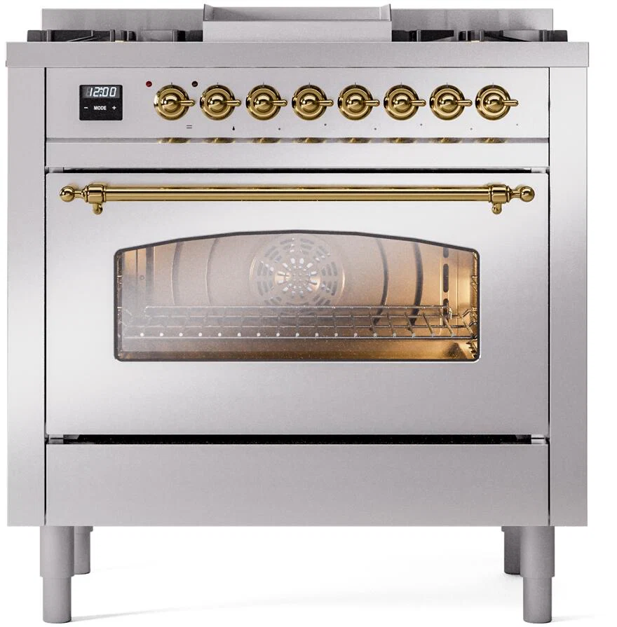 ILVE Nostalgie II 36-Inch Freestanding Natural Gas Dual Fuel Range in Stainless Steel with Brass Trim (UP36FNMPSSG) - Image 2