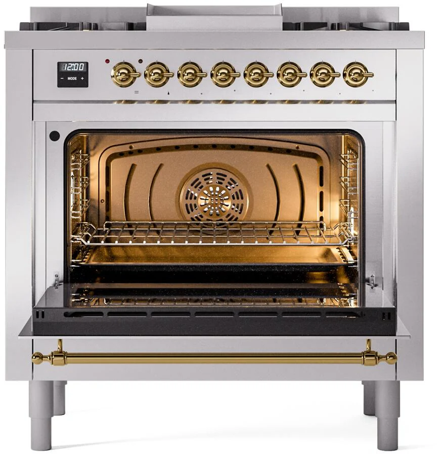 ILVE Nostalgie II 36-Inch Freestanding Natural Gas Dual Fuel Range in Stainless Steel with Brass Trim (UP36FNMPSSG) - Image 3