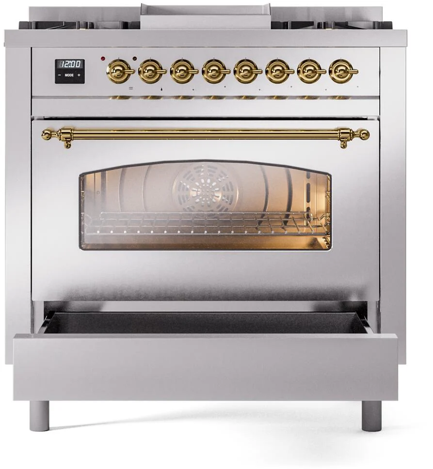 ILVE Nostalgie II 36-Inch Freestanding Natural Gas Dual Fuel Range in Stainless Steel with Brass Trim (UP36FNMPSSG) - Image 4