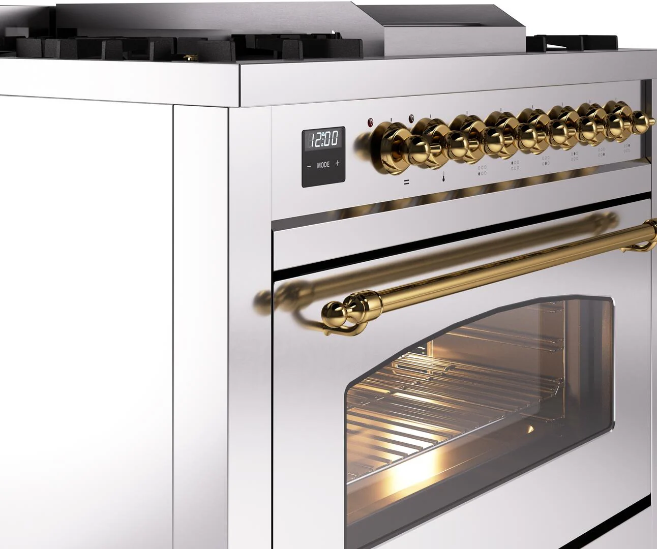 ILVE Nostalgie II 36-Inch Freestanding Natural Gas Dual Fuel Range in Stainless Steel with Brass Trim (UP36FNMPSSG) - Image 5