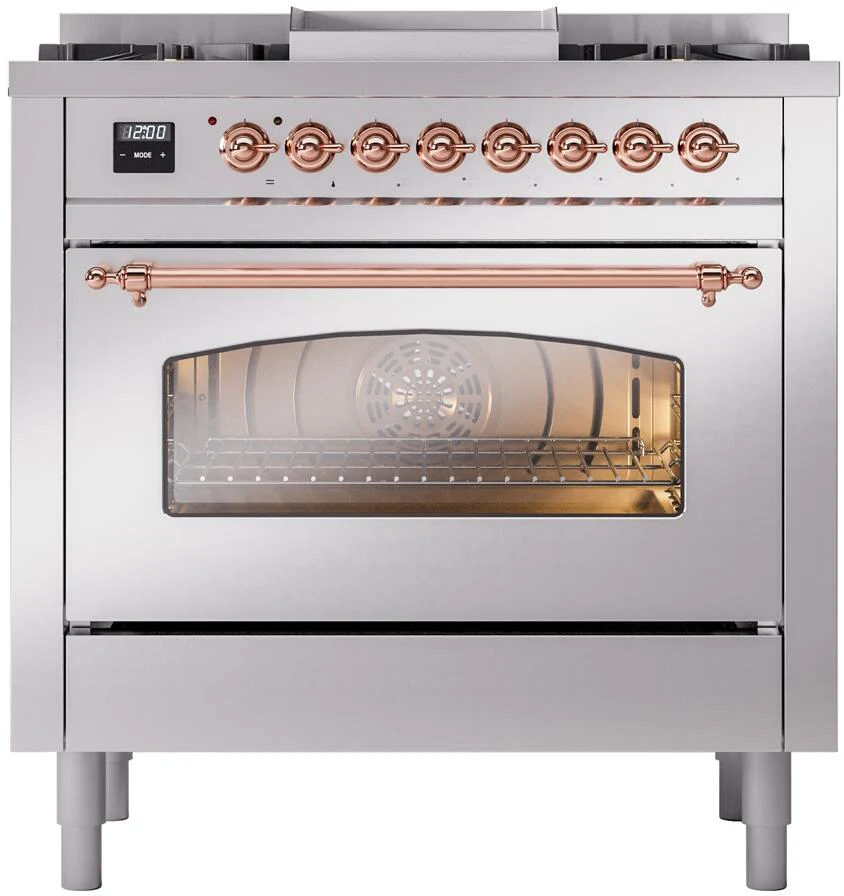 ILVE Nostalgie II 36-Inch Freestanding Natural Gas Dual Fuel Range in Stainless Steel with Copper Trim (UP36FNMPSSP) - Image 2