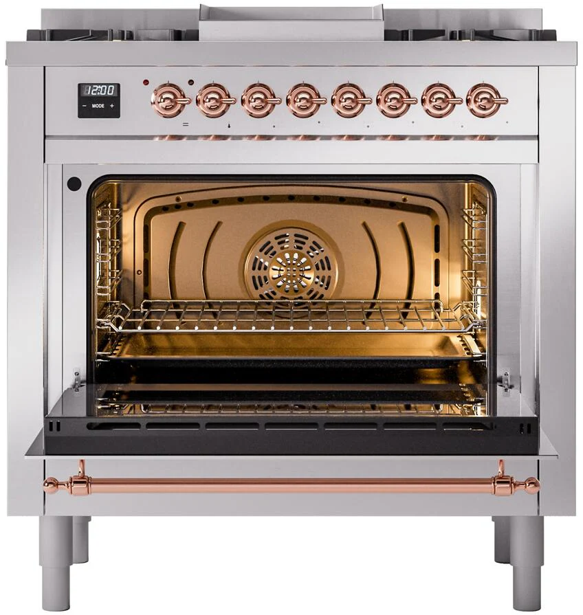 ILVE Nostalgie II 36-Inch Freestanding Natural Gas Dual Fuel Range in Stainless Steel with Copper Trim (UP36FNMPSSP) - Image 3