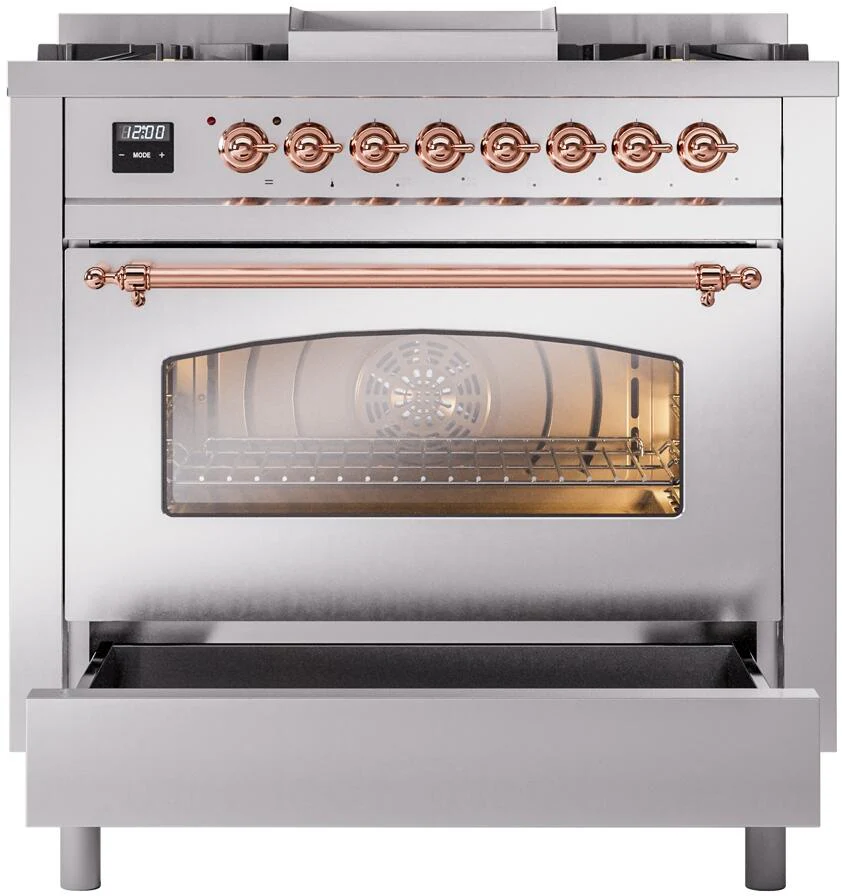 ILVE Nostalgie II 36-Inch Freestanding Natural Gas Dual Fuel Range in Stainless Steel with Copper Trim (UP36FNMPSSP) - Image 4