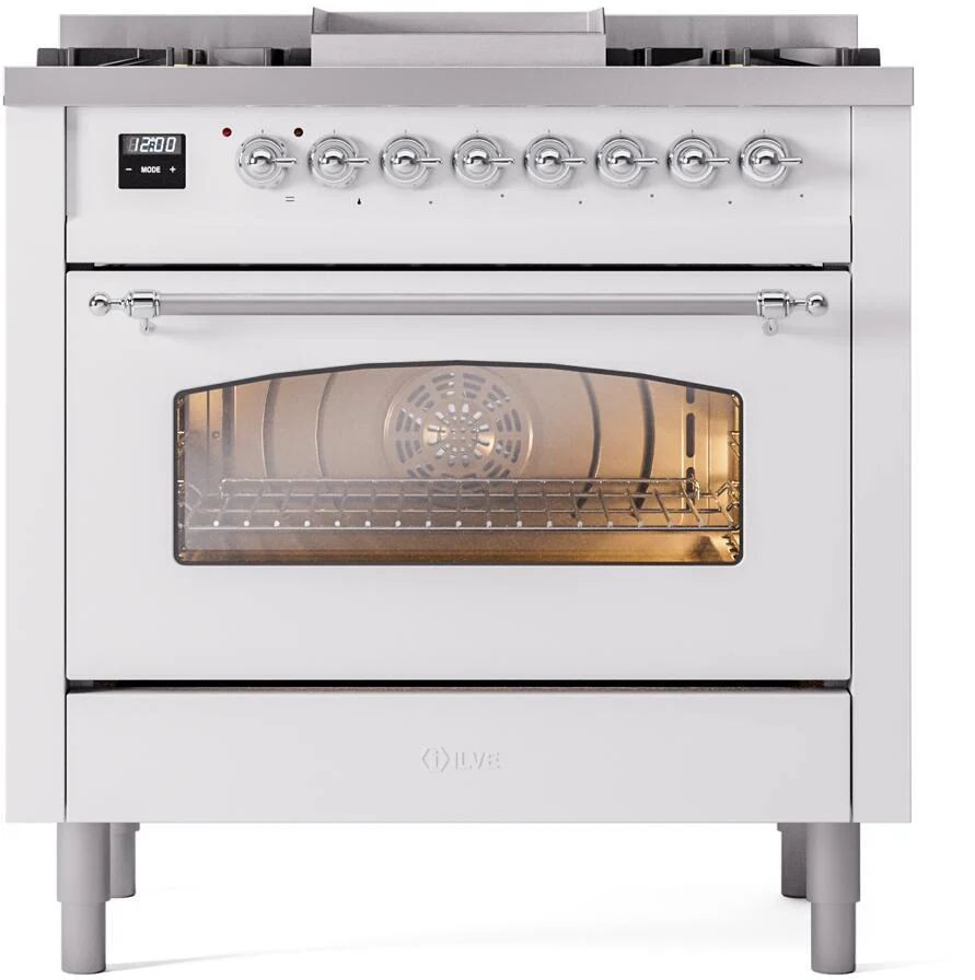 ILVE Nostalgie II 36-Inch Freestanding Natural Gas Dual Fuel Range in White with Chrome Trim (UP36FNMPWHC) - Image 2