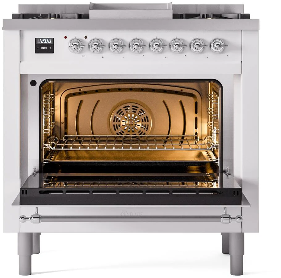 ILVE Nostalgie II 36-Inch Freestanding Natural Gas Dual Fuel Range in White with Chrome Trim (UP36FNMPWHC) - Image 3