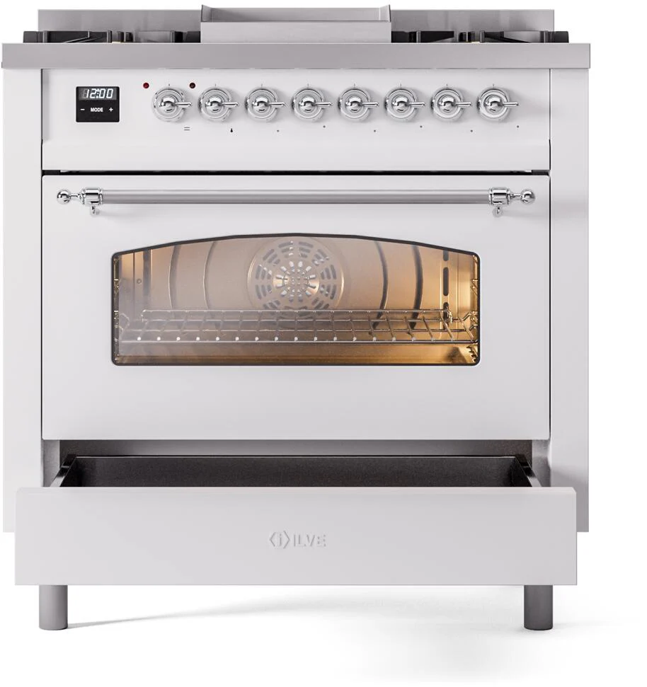 ILVE Nostalgie II 36-Inch Freestanding Natural Gas Dual Fuel Range in White with Chrome Trim (UP36FNMPWHC) - Image 4
